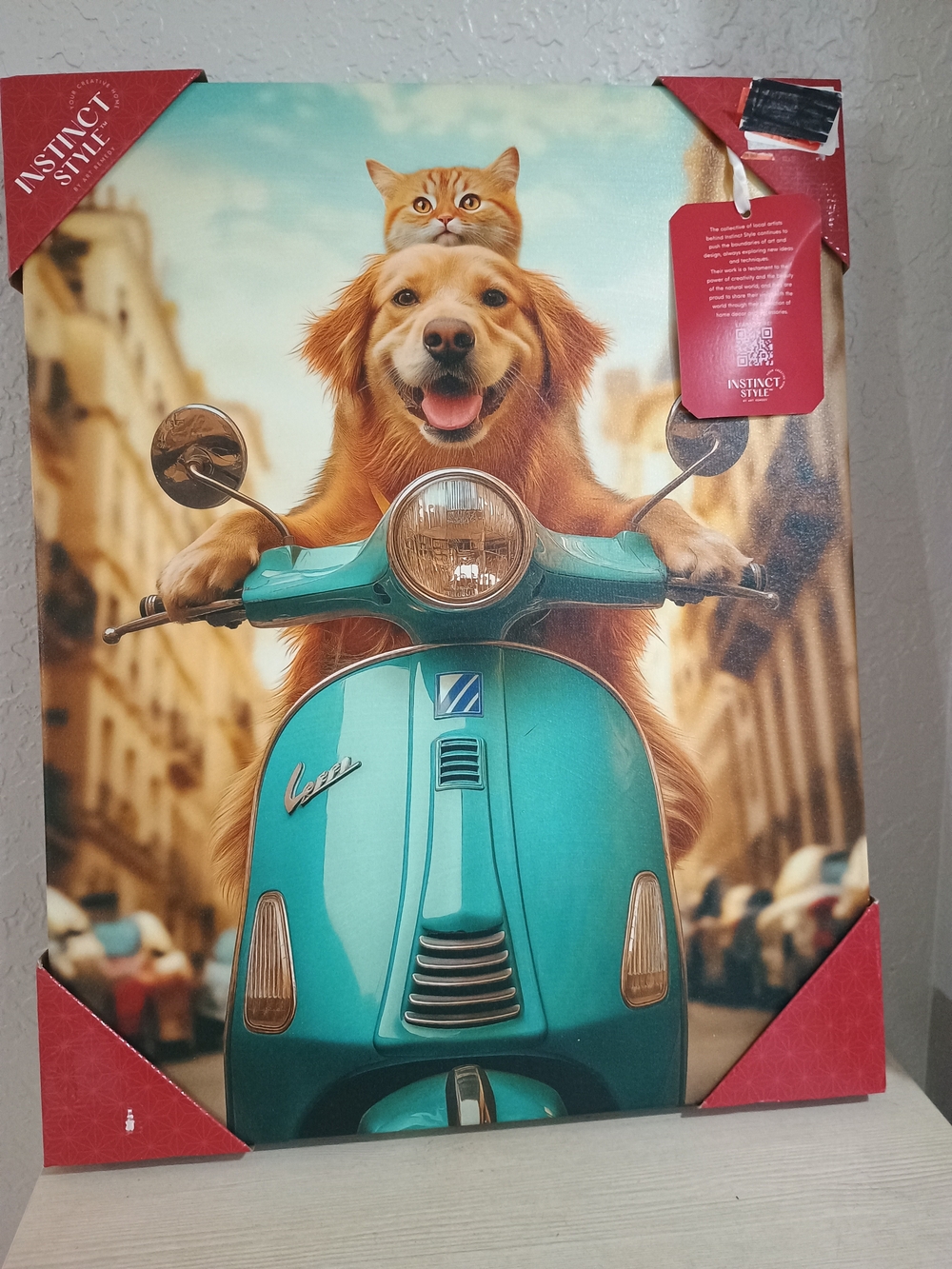 Cat Dog Riding Retro Scooter Canvas Picture Artwork Golden Retriever Labrador